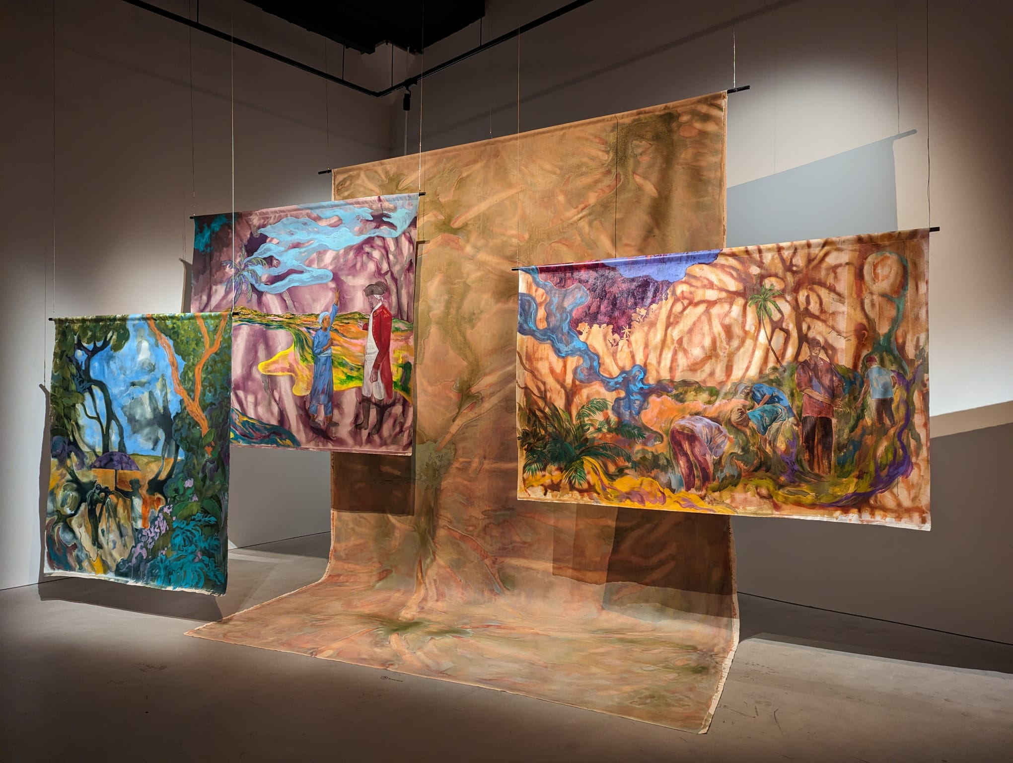 Khairulddin Wahab, ‘Landscape Palimpsest’, 2023, Acrylic on canvases, installed at Singapore Art Museum. Image courtesy of Cuturi Gallery and the artist