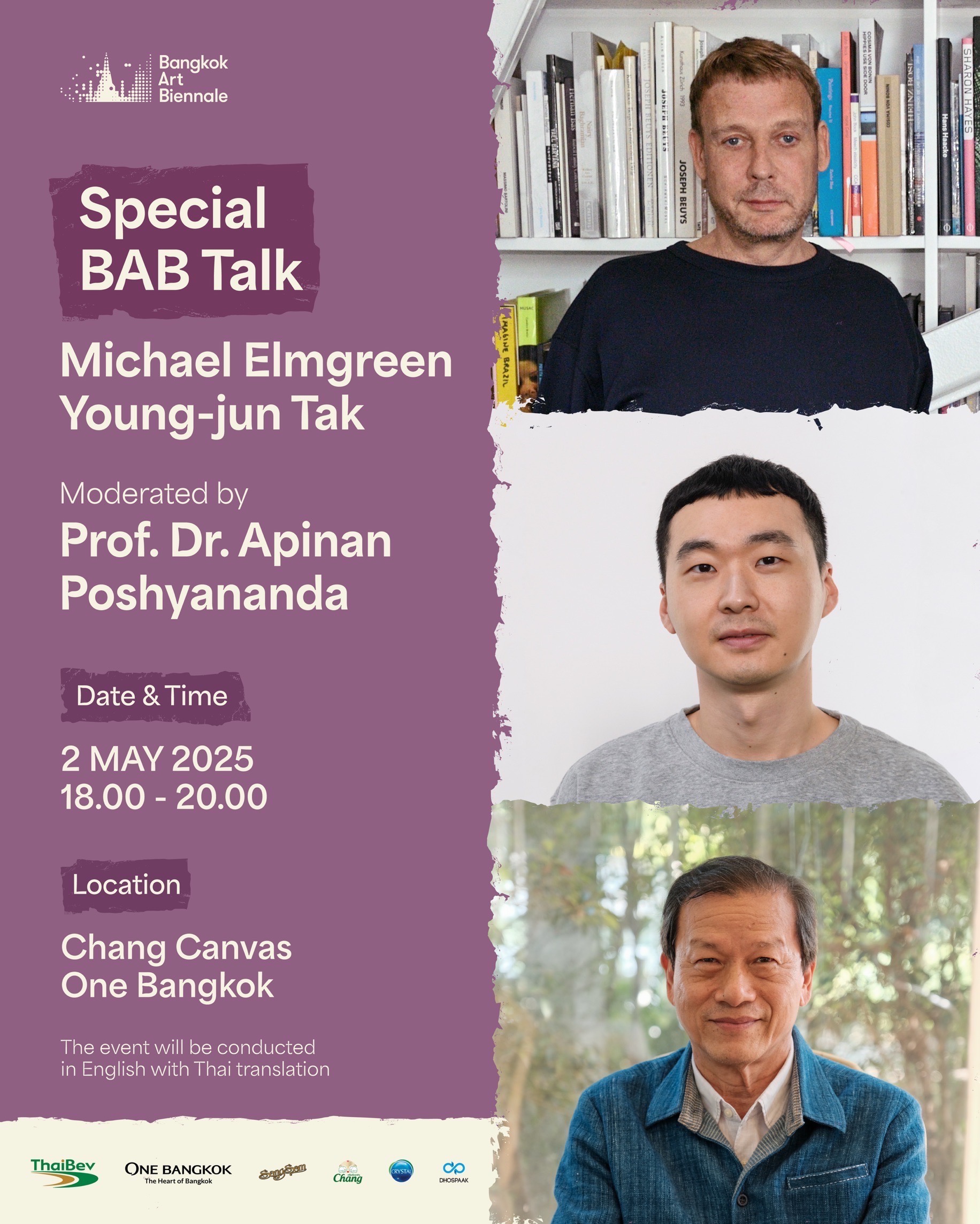 BAB Talk with Michael Elmgreen and Young-jun Tak on 2 May at 18:00 at One Bangkok, event information times dates AWDB